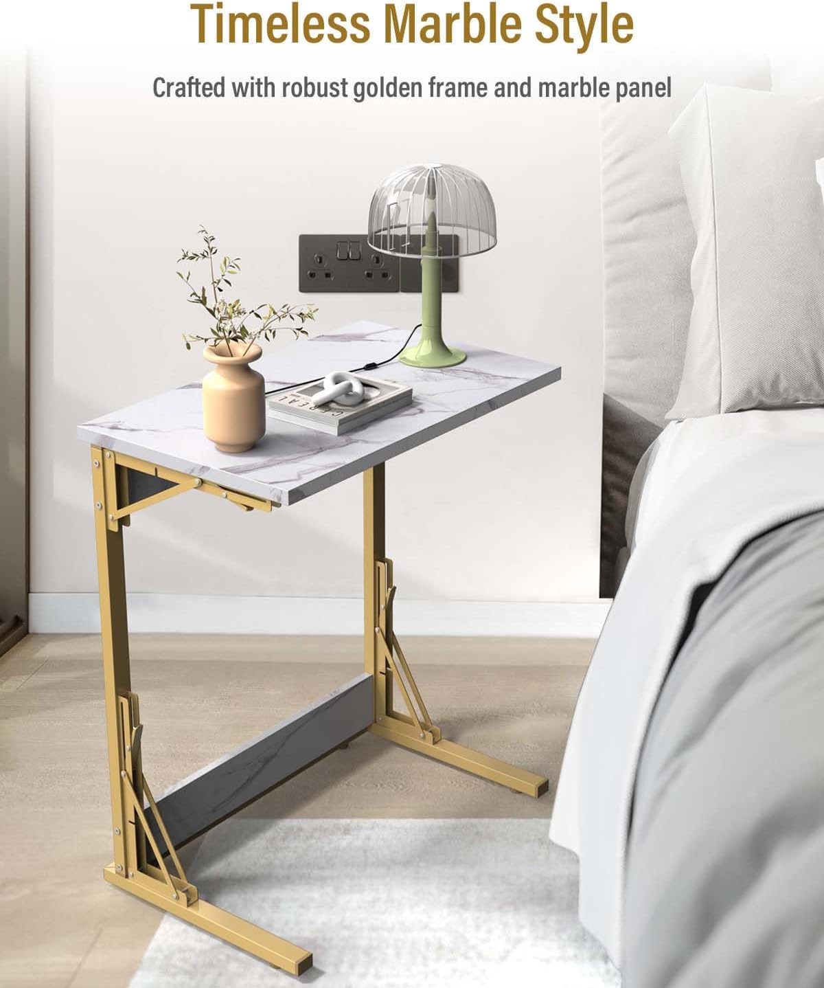 Tatub 24" Folding TV Tray Table, Marble C Shaped End Table for Couch, Small Sofa-Side Laptop Desk with Gold Metal Frame for Living Room, Bedroom, Bedside