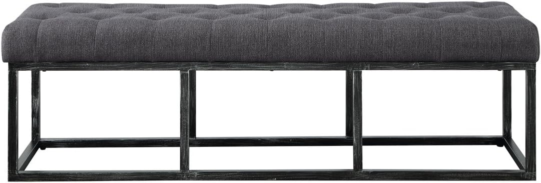 24KF Upholstered Tufted Long Bench with Metal Frame Leg, Linen Bench Ottoman with Padded Seat-Dark Gray