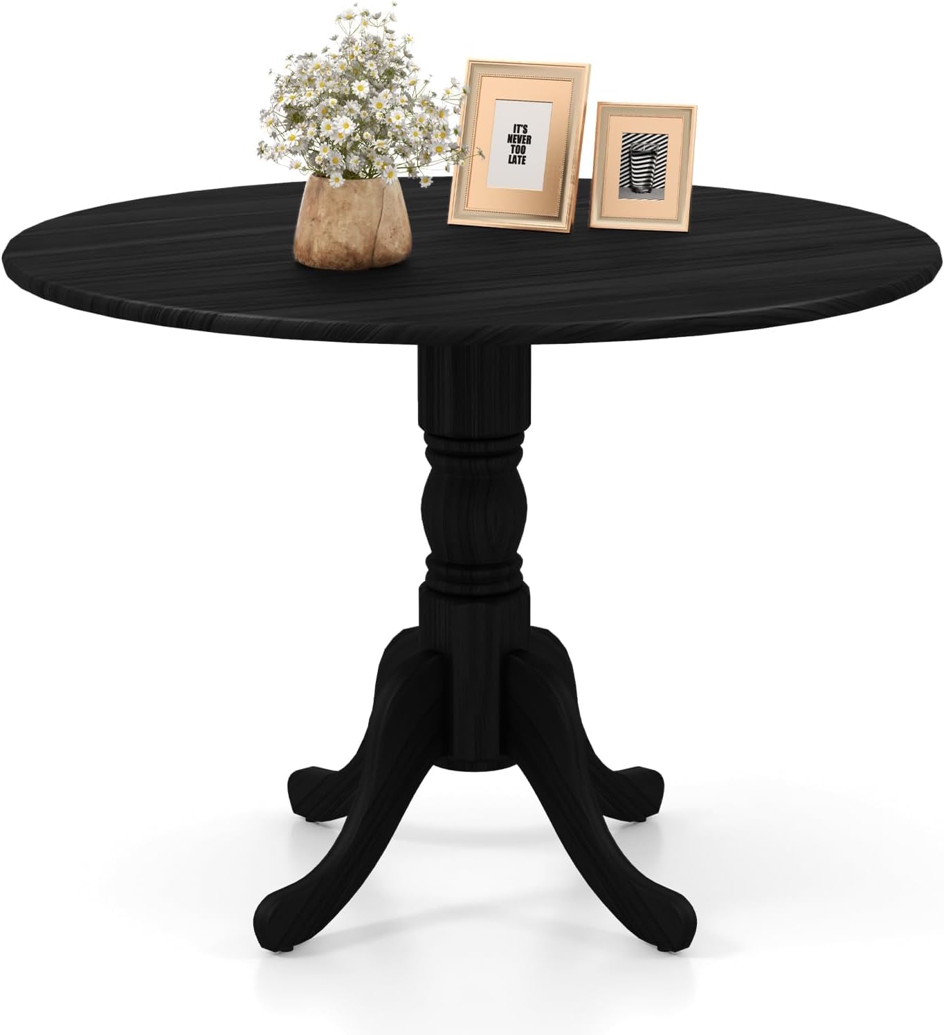 COSTWAY Round Dining Table for 4, 39 inch Kitchen Table with Solid Rubber Wood Frame, Adjustable Foot Pads, Curved Trestle Legs, Mid Century Rustic Dinning Table for Living Room, Black