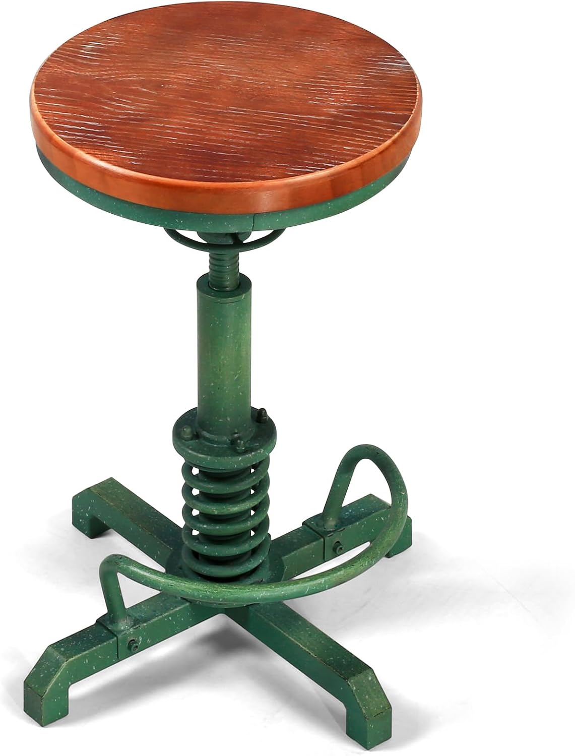 LOKKHAN American Antique Steampunk Bar Stool 24.41"-28.35" Vintage Industrial Adjustable Swivel Backless Counter Stool for Dining, Breakfast, Pub, (Heavy Duty Metal & Wood, Aged Green, Brown Top)