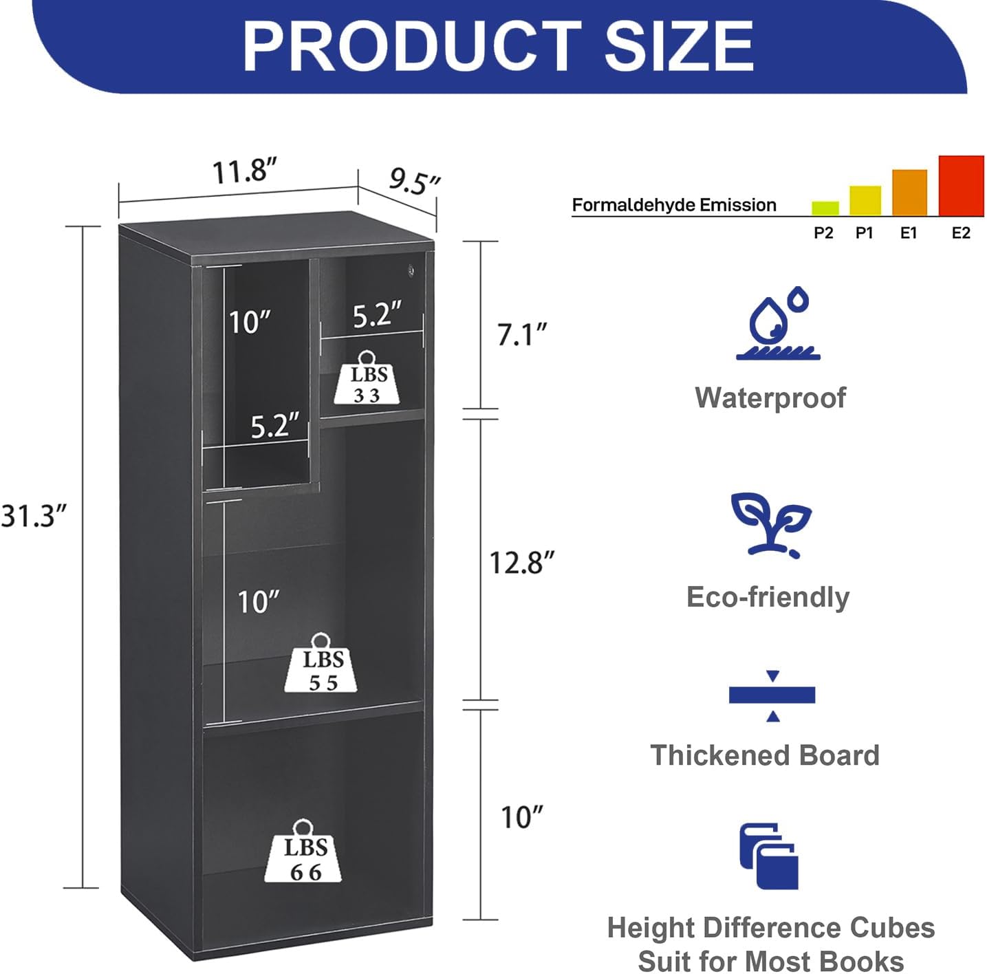 VECELO Small Bookshelf, 4 Cube Slim Bookcase, Fits Tallest Hardcovers, Horizontal Available, Modern Floor Standing Unit, Each Shelf Hold Up to 66 LBS, Matte Black