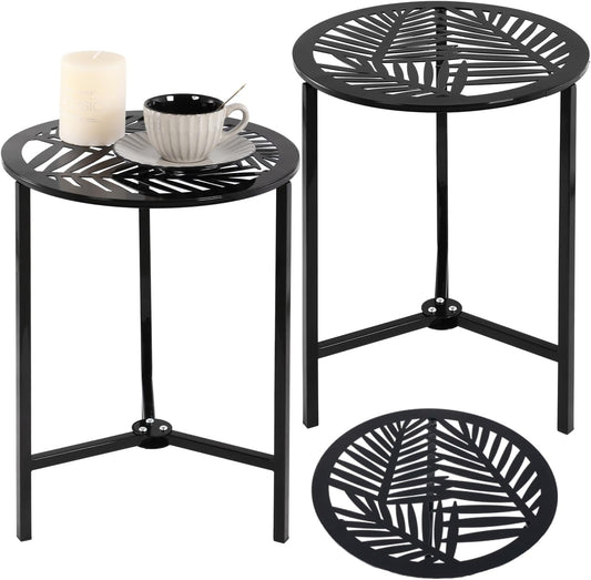 2 Packs 13" Metal Outdoor Side Tables Small Black Outside End Table for Patio Round Accent Corner Stand for Small Spaces Weather-Resistant Coffee Table for Balcony Porch Plant Stand, Pinna Form Leaf