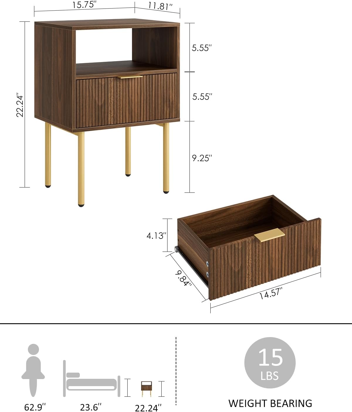 Nightstand,Small Bedside Table with Gold Frame,Morden Night Stand with 2 Drawer,End Table,Side Table with Drawer and Shelf for Bedroom,Living Room (Grey-1Drawer)