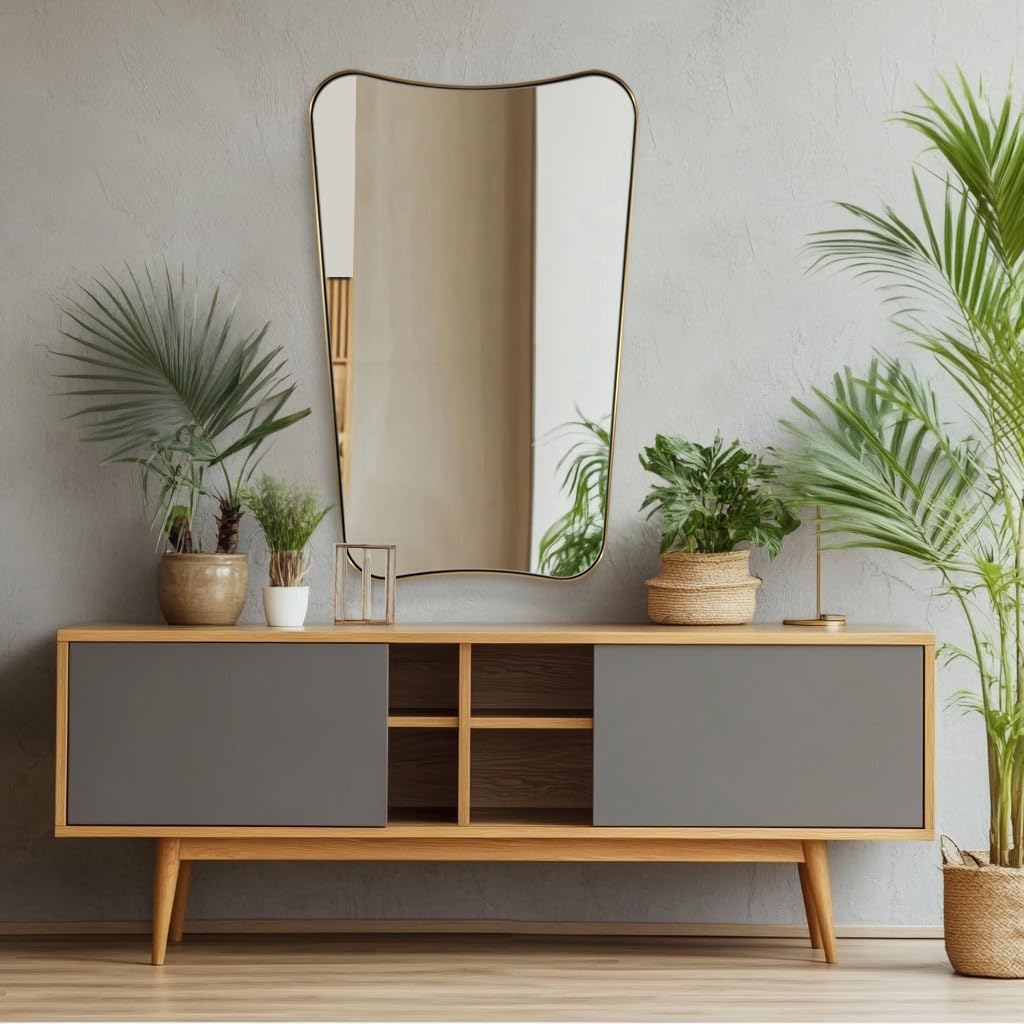 ANDY STAR 30x48 Inch Brushed Gold Mirror, Large Asymmetrical Wall Mirror, Antique Gold Mirror in Anti-Rust Stainless Steel Frame, Unique Designed Frame Ideal for Home Remodel