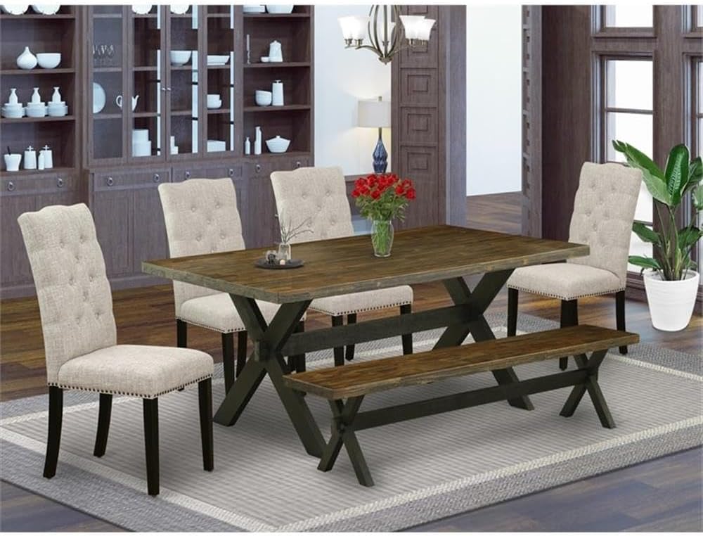 East West Furniture X677EL635-6 6 Piece Dining Room Set Contains a Rectangle Dining Table with X-Legs and 4 Doeskin Linen Fabric Parson Chairs with a Bench, 40x72 Inch, Multi-Color