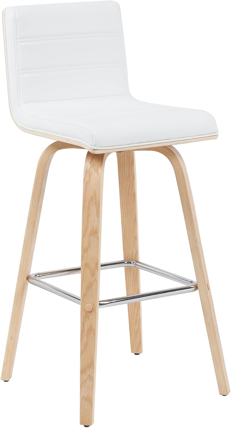 Vienna Modern Swivel Bar Height Stool with White Faux Leather Seat and Patterned Oak Wood Frame Set of 2