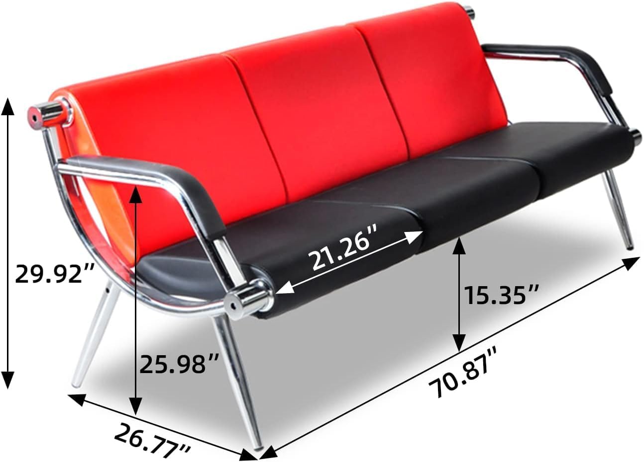 wonline 3 Seat Waiting Room Chair with Armrest PU Leather Office Furniture, Office Guest Seating Lobby Conference Reception Chairs for Airport Clinic Hospital Bank Salon Barber(Red&Black)