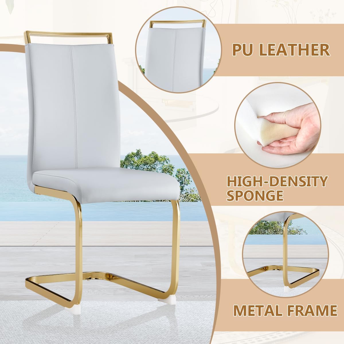 Dining Chairs Set of 8, Faux Leather with Plated Chrome Metal Frame, Modern Kitchen Chairs with Padded Seat High Back for Dining Room, Kitchen, Living Room