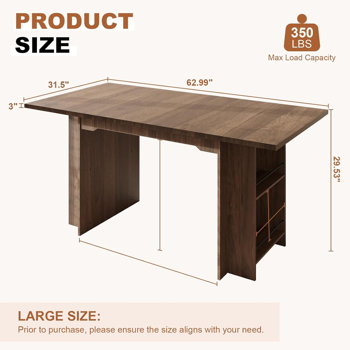 Garvee 63 Inch Dining Table for 2-4, Farmhouse Rectangular Kitchen Table with Waterproof Wood Tabletop, Heavy Duty Legs & 2-Tier Storage Shelves for Kitchen, Dining Room, Walnut