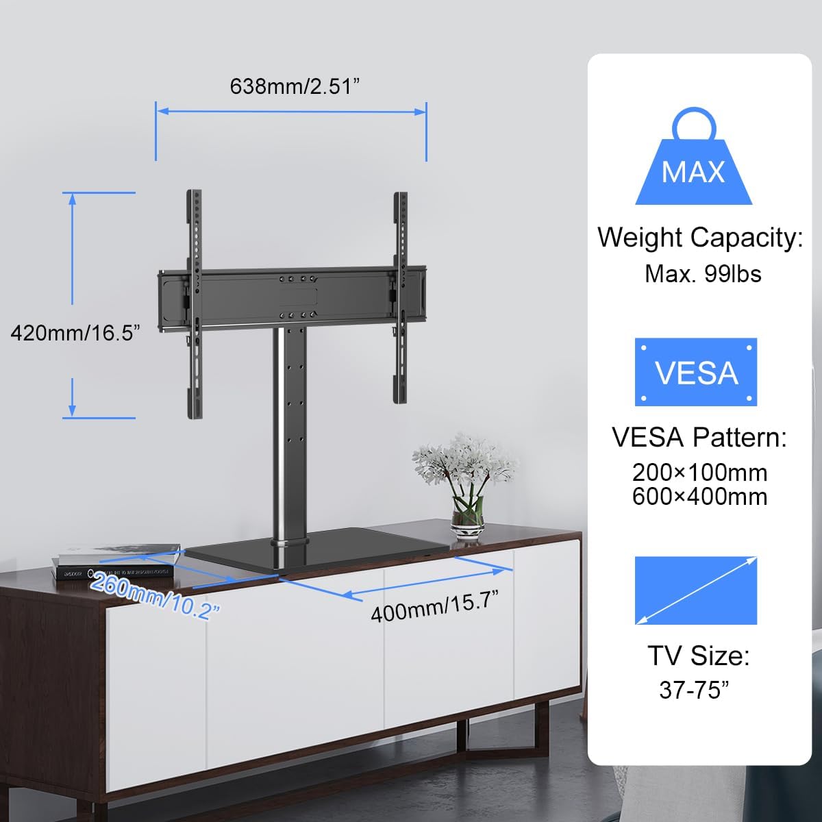 Suptek Reinforced Universal TV Stand for Large TVs in 37-75 inch, Upgraded Height Adjustment Table Top Tall TV Stand Mount, Heavy Duty TV Replacement Stand with Tempered Glass Base Up to 99lbs, TS203