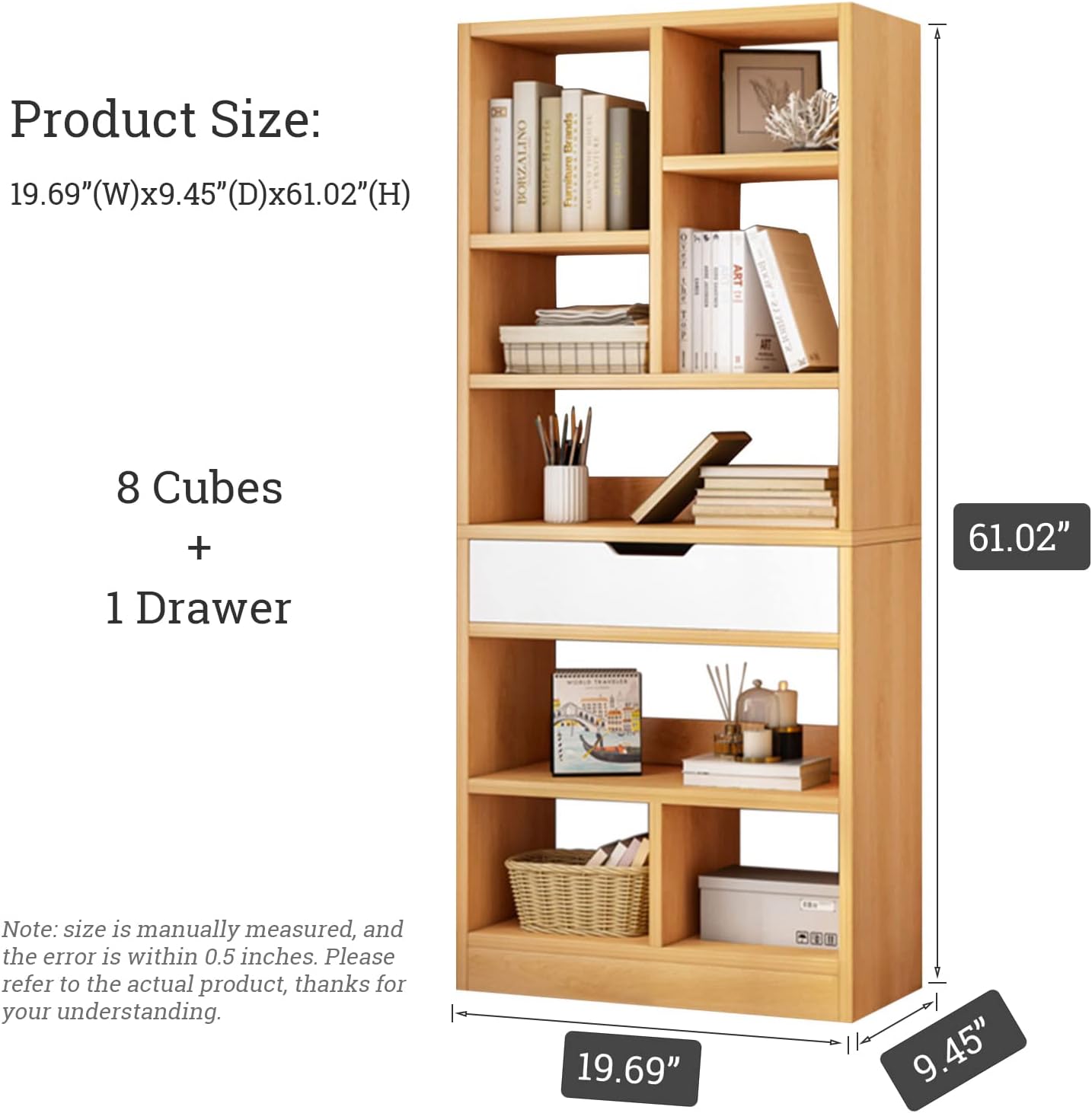 IOTXY Wooden Open Shelf Bookcase - 61 Inches Height Freestanding Display Storage Cabinet Organizer with 8 Cubes and a Drawer, Floor Standing Bookshelf in Maple Yellow