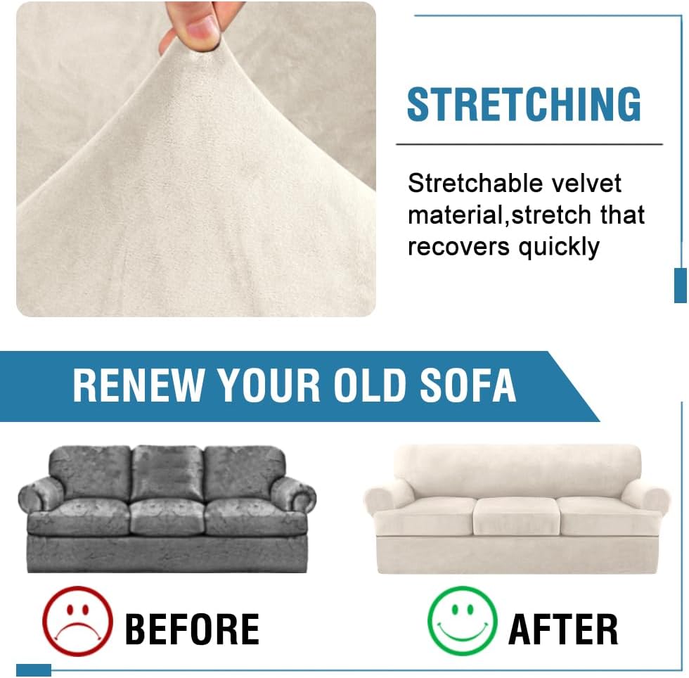 H.VERSAILTEX Sofa Cover 4 Piece T Cushion Sofa Slipcovers Couch Cover Furniture Protector Stretch T Cushion Sofa Covers for 3 Cushion Couch with 3 Individual T Cushion Covers, Ivory