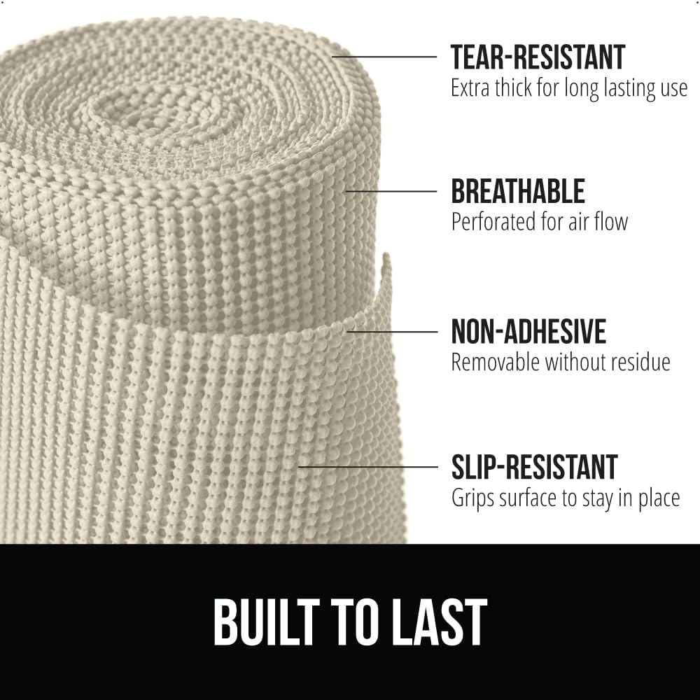 GORILLA GRIP powerGRIP Drawer Shelf and Cabinet Liner, Thick Strong Hold, Non-Adhesive Liners Protect Kitchen Cabinets and Cupboard, Bathroom Drawers, Easy Install, Breathable Mat, 12" x30', Cream