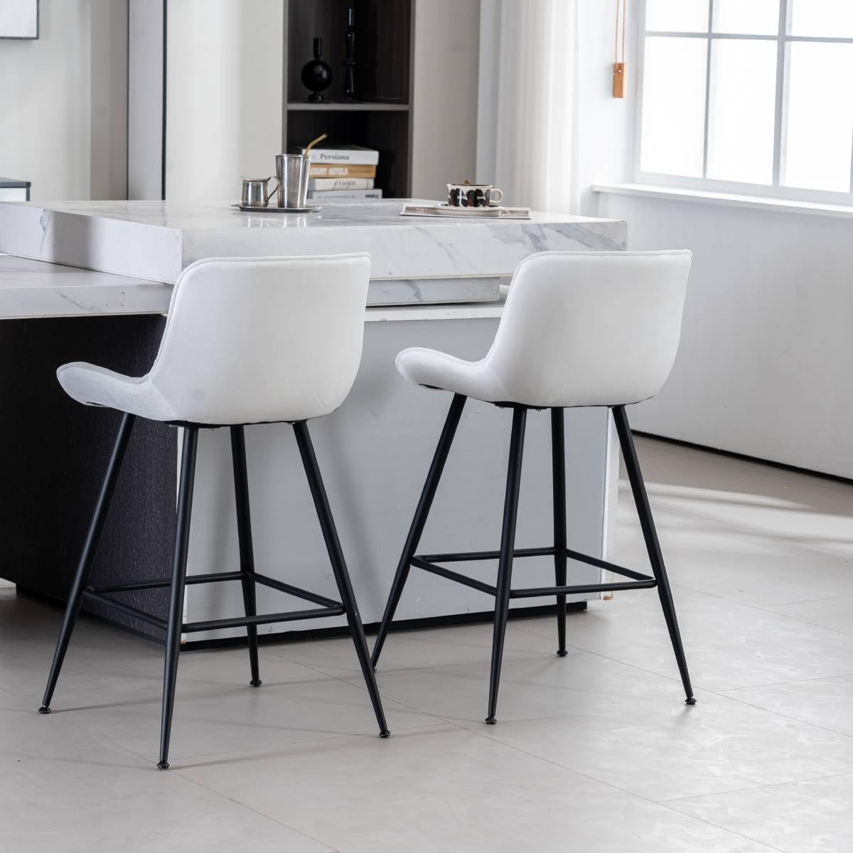 24’’ Bar Stools Set of 2 Modern Barstools White Bar Stools with Fabric Upholstery Counter Height Bar Stools with Low Back Stools for Kitchen Counter, Bar, Pub, Cafe (White).