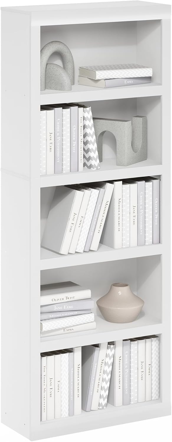 Furinno Rail 5-Tier Open Shelf Bookcase with Classic Style Edges, White