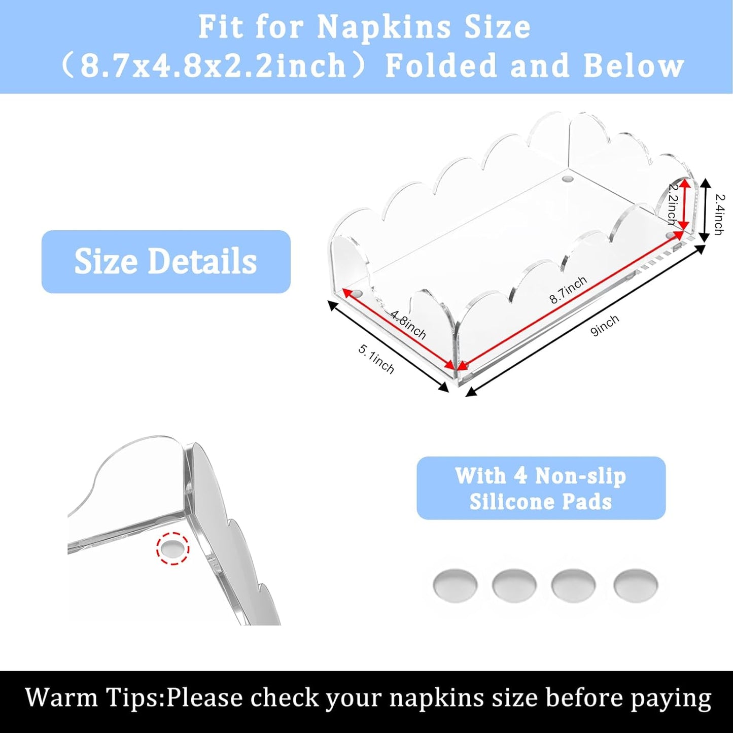 LUGUNU Clear Acrylic Napkin Holder – Scalloped Tray for Bathroom, Kitchen, Dining Room – Stylish Guest Hand Towel & Disposable Paper Holder for Weddings, Hotels, and Home Decor (9x5.1x2.4 inch)