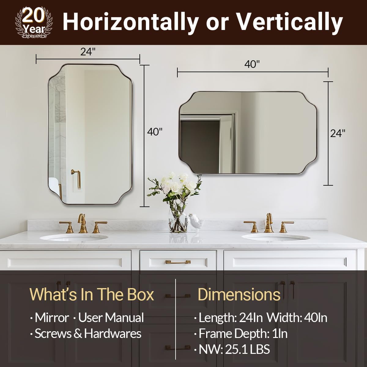 ANDY STAR 24x40 Inch Rectangle Bathroom Mirror, Brushed Nickel Scalloped Bathroom Mirror, Silver Bathroom Vanity Mirror, Unique Mirror in Rust-Proof Stainless Steel Frame (Horizontal/Vertical)