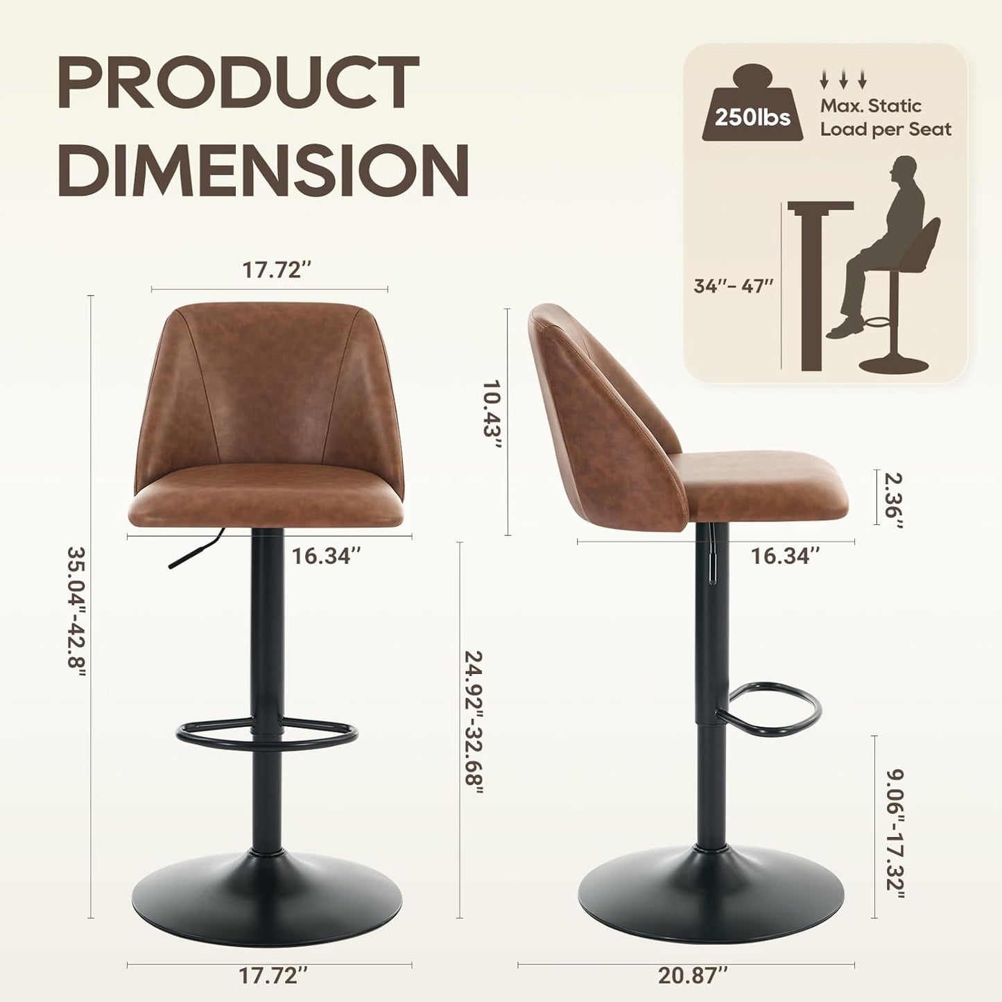 COLAMY Bar Stools Set of 2, Modern Swivel Bar Chairs, Adjustable PU Leather Upholstered Barstools Counter Height with Full Backrest for Bar, Dining Room, Kitchen Island, Brown