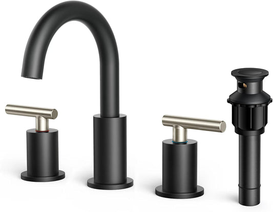 FORIOUS Brushed Nickel and Matte Black Bathroom Faucet 8 Inch, Black Widespread Bathroom Sink Faucet 3 Hole with Metal Pop Up Drain and Supply Line, 2 Handle Stainless Steel Vanity Room Remodel