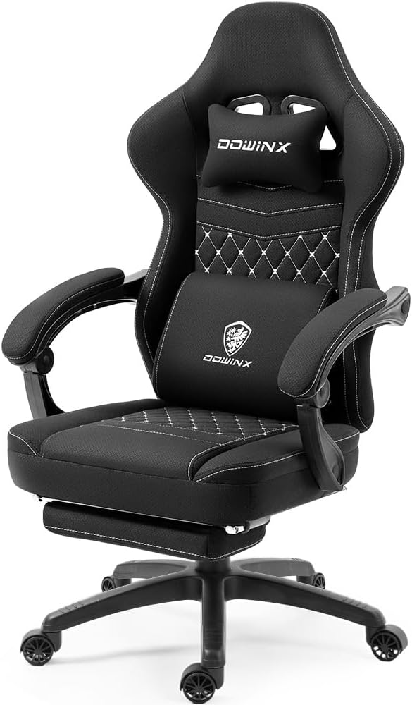 Dowinx Gaming Chair Breathable Fabric Game Chair with Gel Pad and Storage Bag, Comfortable Gamer Chair with Pocket Spring Cushion, Ergonomic Computer Chair with Footrest, Black