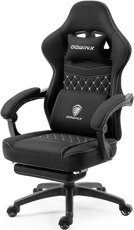 Dowinx Gaming Chair Breathable Fabric Game Chair with Gel Pad and Storage Bag, Comfortable Gamer Chair with Pocket Spring Cushion, Ergonomic Computer Chair with Footrest, Black