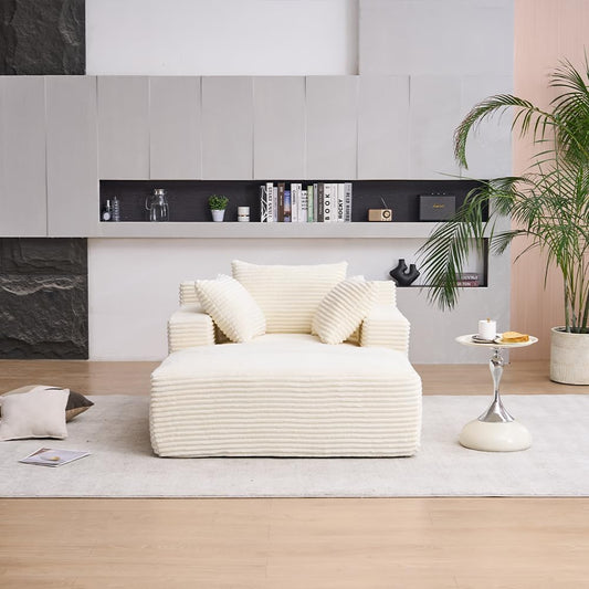 Oversized Chaise Daybed Lounge Sleeper Chair Sofa Bed Indoor, Fluffy Corduroy Upholstered Sleeper Recliner Sofabed Extra Wide Full Foam Cloud Sofabed W/3 Pillows for Home/Apartment Living Room Bedroom