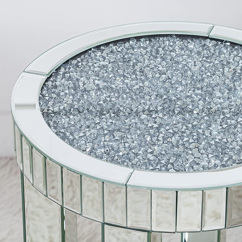 SHYFOY Mirrored End Table Round with Crystals Inlay, 2-Tier Modern Small Sofa Table with Storage, Silver Accent Table for Living Room, Bedroom, Coffee, and Small Spaces