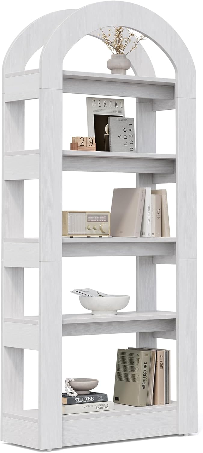 LITTLE TREE 5-Tier Bookshelf, Arch-Shaped Racks, Tall Standing Wooden Bookcase Display Shelf Modern Storage Solution, White