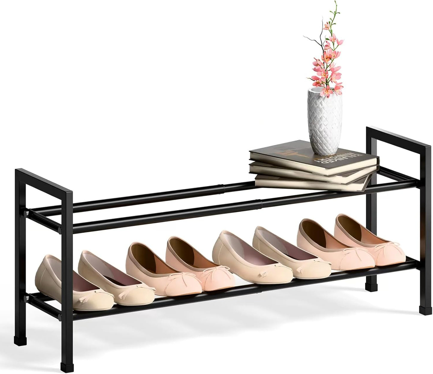 Bumusty 2 Tier Expandable Shoe Rack for Closet, 18“-33” Adjustable Shoe Rack for Small Space, Small Shoe Organizer for Front Door, Sturdy Metal, Black