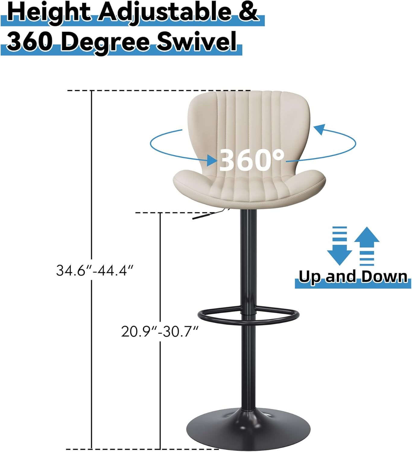 Shintenchi Bar Stools Set of 6 Modern Swivel Bar Chairs, Counter Height Faux Leather Metal Barstools, Upholstered Island Chairs with Back and Footrest, Beige