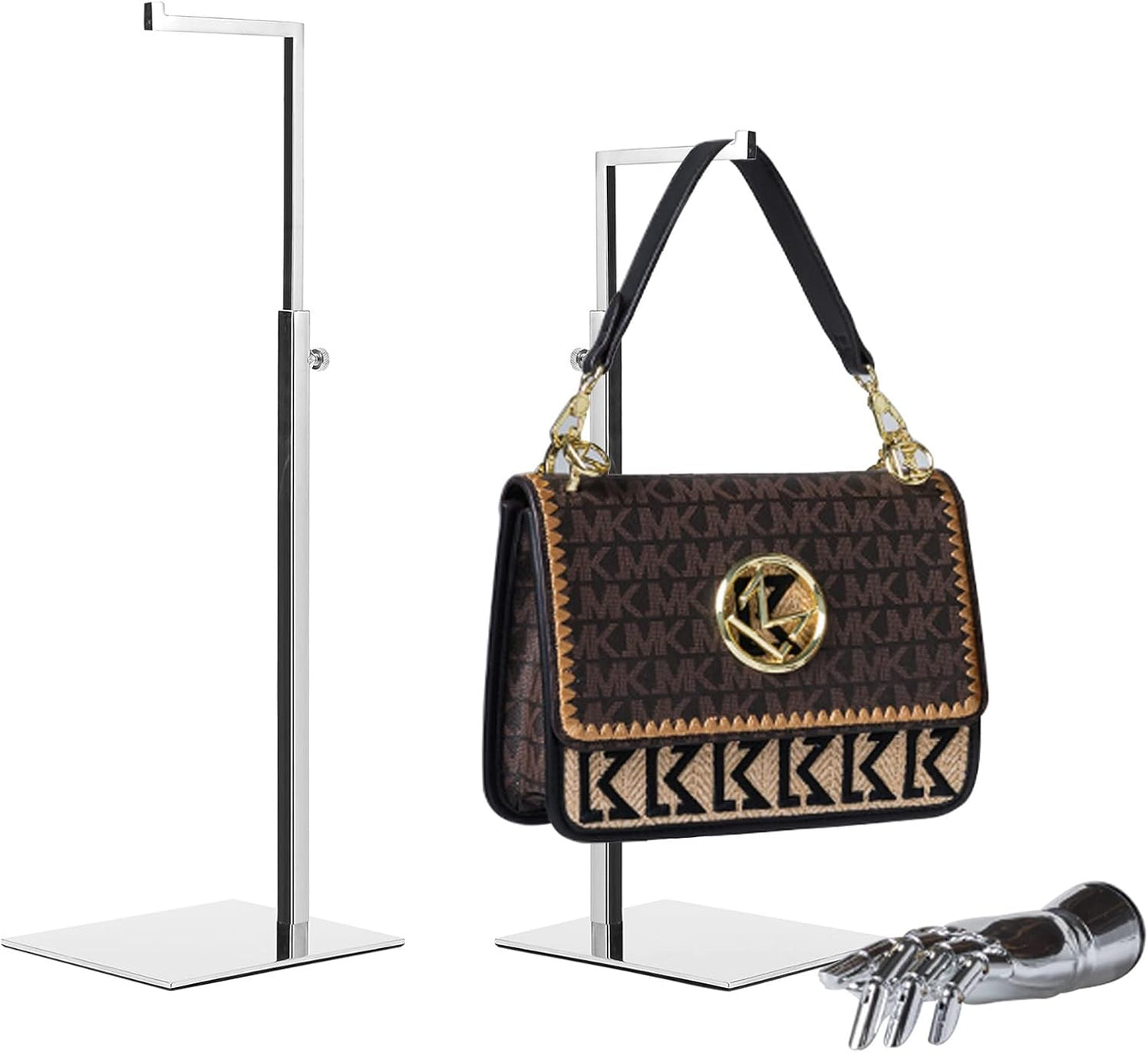 2 Pack Handbag Display Stands, Silver Purse Holder Display Stands, Adjustable Height Stainless Steel Hanger Rack for Retail Closet Vendors Display Luxury Bag Handbags Jewelry