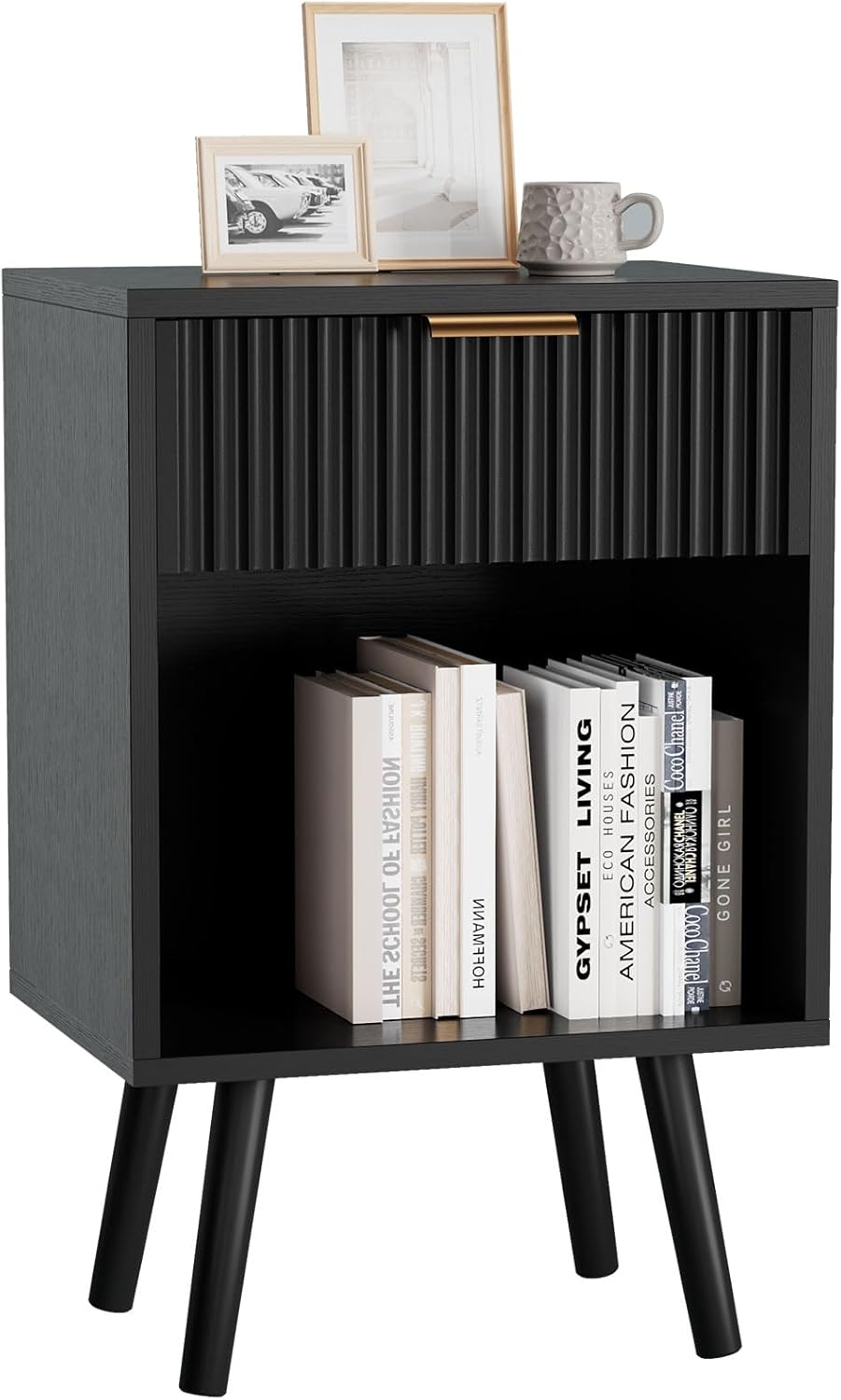 YMYNY Mid Century Modern Nightstand, Side Table, Fluted Night Stand with Drawer, Open Shelf Unit, Golden Handle, Solid Wood Legs, Bedside Table, for Bedroom, Black UHST013B