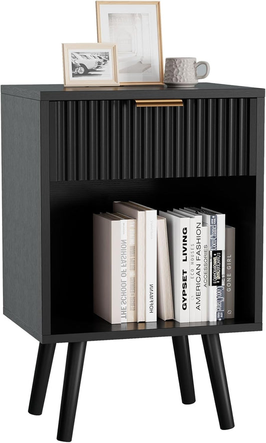 YMYNY Mid Century Modern Nightstand, Side Table, Fluted Night Stand with Drawer, Open Shelf Unit, Golden Handle, Solid Wood Legs, Bedside Table, for Bedroom, Black UHST013B