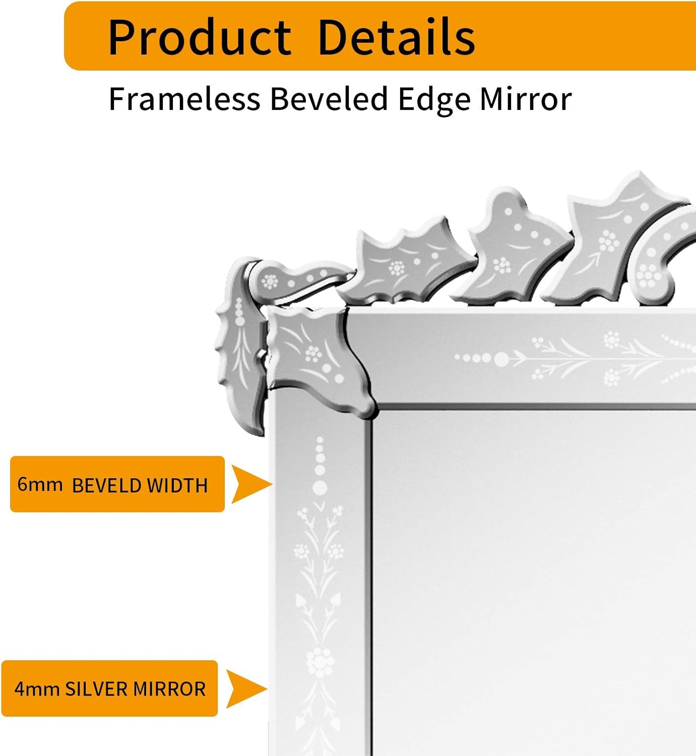 KOHROS Large Decorative Wall Mirrors for Living Room 41x31 Inch Venetian Wall Mirror with Ornate Crown, Etched Floral Design Beveled Edge Rectangle Decorative Mirror for Bedroom Dining Room Hallway