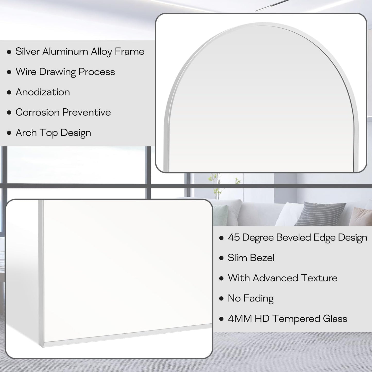 30" x 48" Silver Arched Mirror, Arch Wall Mirror, Metal Frame Black Bathroom Mirror, Arched Top Bathroom Vanity Mirror for Living Room, Bedroom, Entryway, Tempered Glass, Shatter Proof