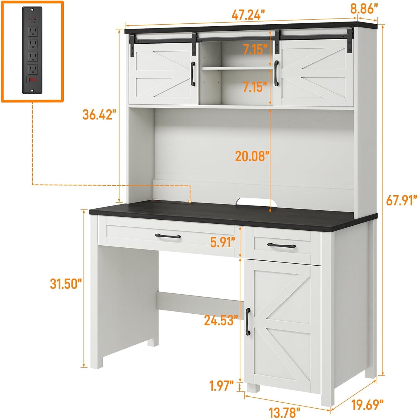 Farmhouse 47" Executive Desk, Computer Desk with Drawers and Storage Cabinet, Home Office Desks with Hutch and Charging Station, Workspace for Work & Study (Black).