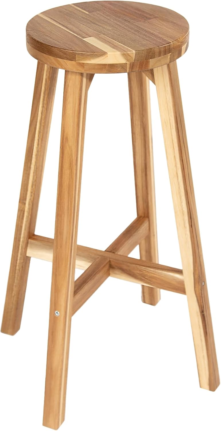 Round Stool Acacia Wood, 28" Height, 11" Round Top, Backless, Easy Assembly, Natural Wax Finish, Wooden Stool for Plant, Dining Room, Living Room, Garden, Makeup