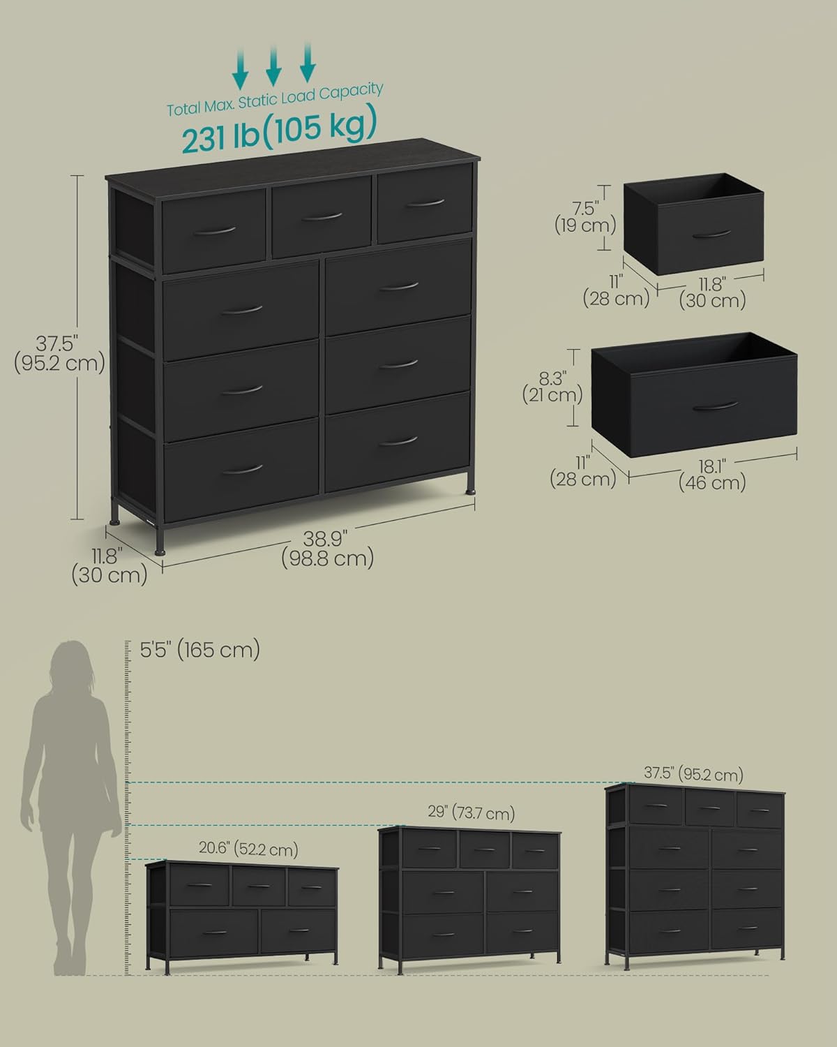 SONGMICS Dresser for Bedroom, Chest of Drawers, Steel, MDF, 9 Non-Woven Fabric Drawers, Storage Organizer Unit, Closet, Entryway, Ink Black and Ebony Black LGS324B01S