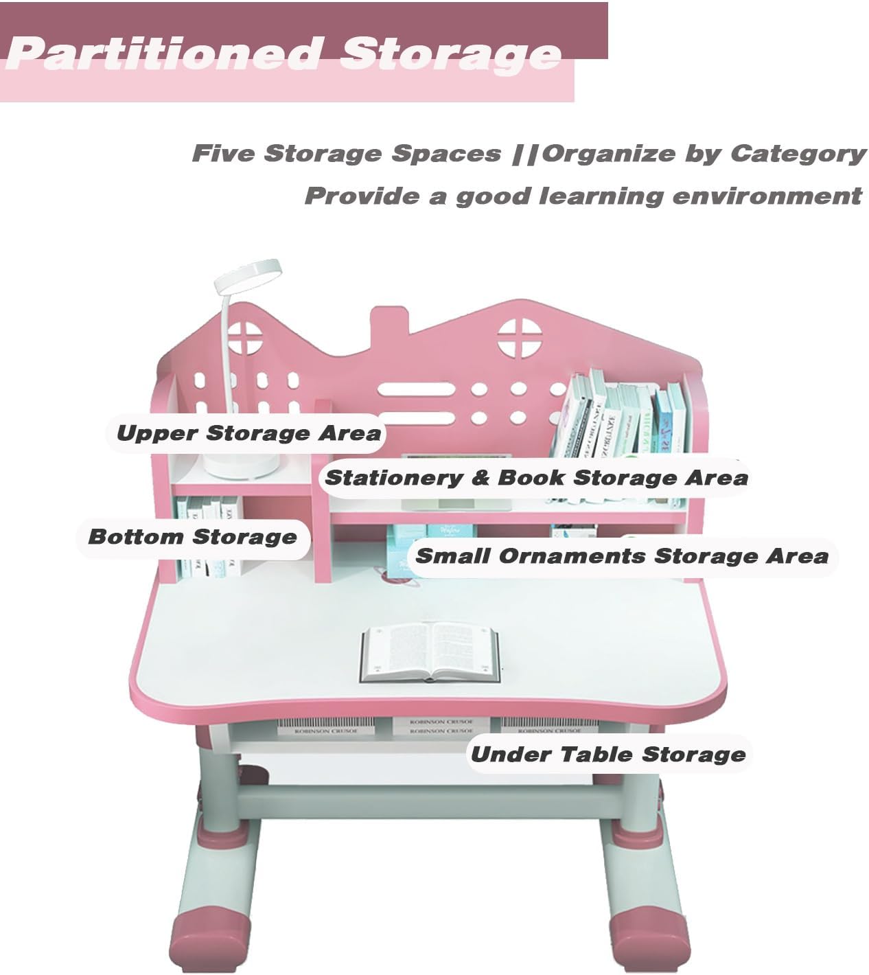Kids' Table Chair Sets, Kids' Desks Chair, Children Study Desk Writing Table Computer Workstation With Large Storage Drawer And Bookshelf, Height Adjustable Kids Bedroom Furniture ( Color : Pink )