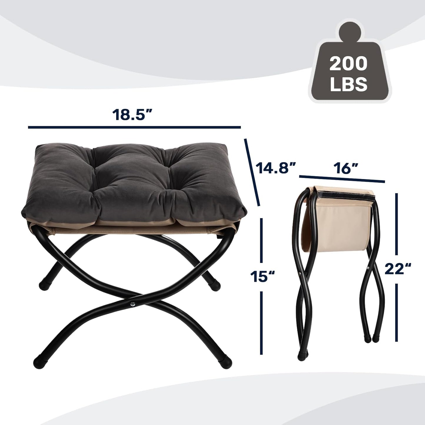 HollyHOME 15"(H) Folding Footrest Stool, Upholstered Small Foldable Ottoman, Accent Padded Sofa Foot Stool for Lazy Chair, Metal Frame Portable Foot Rest Ottoman for Living Room, Bedroom, Smoky Grey