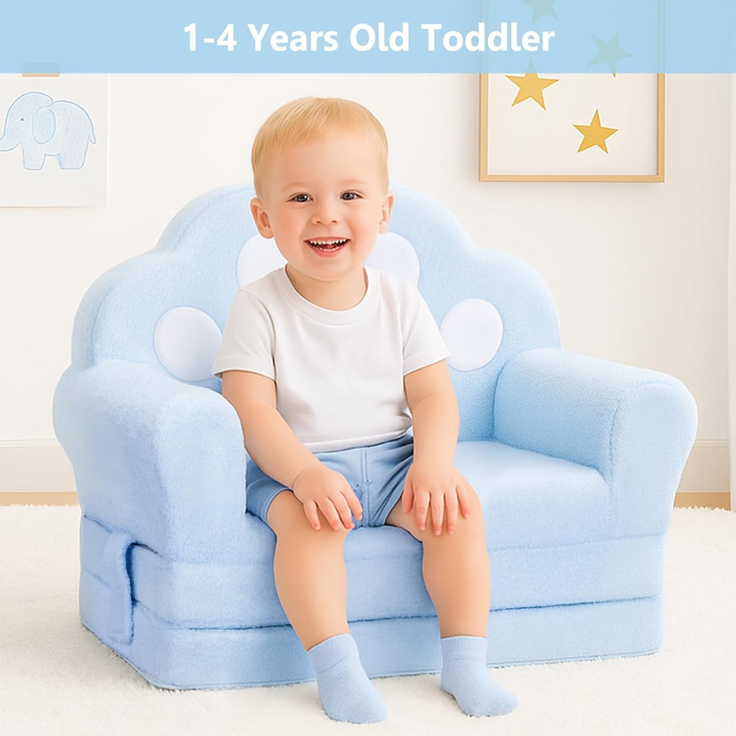 MONKISS Cat Paw Kids Couch, Toddler Chairs Comfy, Toddler Couch Bed Fold Out, Baby Lounge Chair, Birthday Gift for Girls, 1-4 Years Old, SF06, Blue