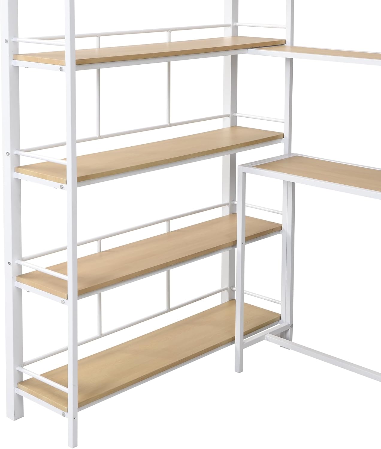 Twin Size Metal Loft Bed with Staircase,Full-Length Guardrails,a Built-in Desk and a 3-Tier Shelf,No Box Spring Needed,Noise Free,for Juniors&Adults,White