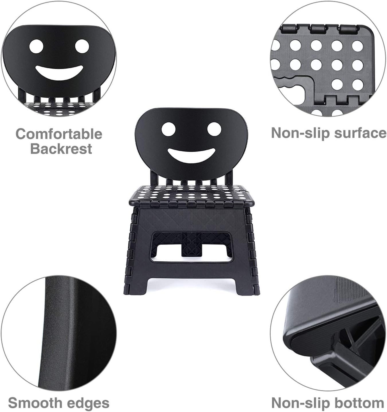 ACSTEP Folding Step Stool with Back Support for Kids,9" Kids Step Stool for Outdoor or Indoor Kitchen Step Stools and Bathroom Stool for Toddlers Boys Girls - Black, 10 Pack