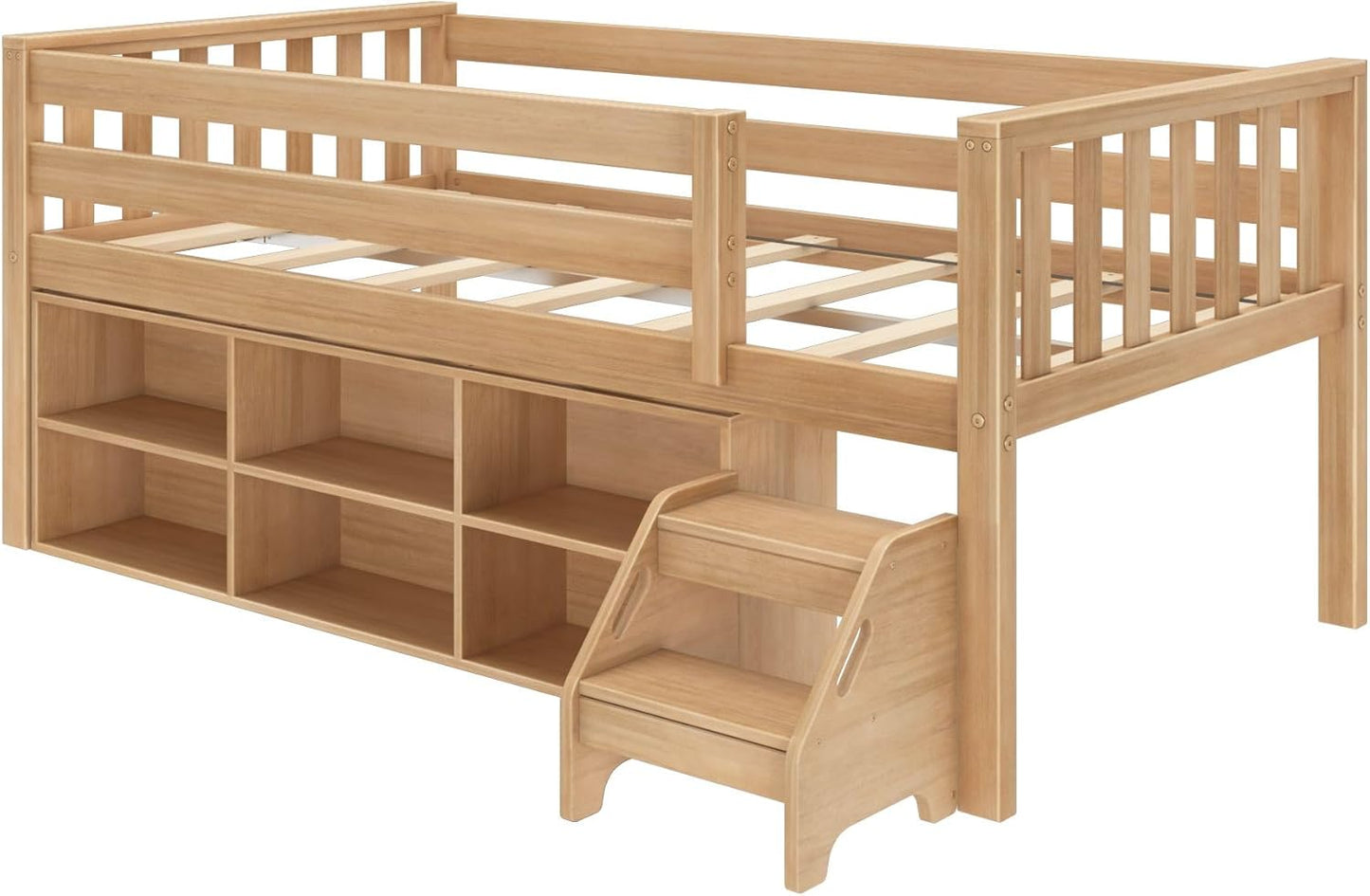 Max & Lily Soren Ultra Low Loft Bed, Twin Bed Frame for Kids with Bookcase, Blonde