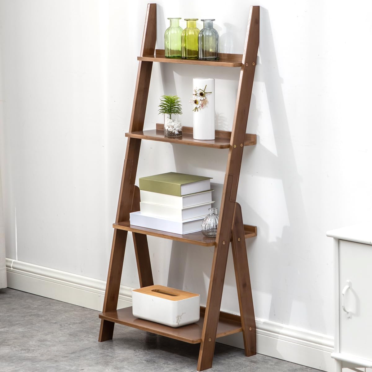 Maydear Bamboo Ladder Shelf Bookcase, 4-Tier Leaning Bookshelf Free Standing Organizer Storage Shelves for Living Room, Bedroom, Kitchen, Home Office, Balcony (Walnut)