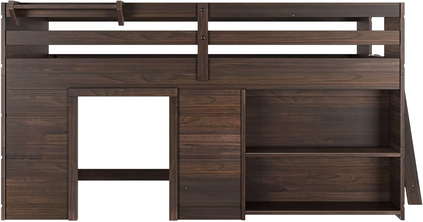 Max & Lily Modern Farmhouse Twin Low Loft Bed with Bookcase - Solid Wood, 15” Guardrails, 400-lb Capacity, Low-VOC Finish, Barnwood Brown