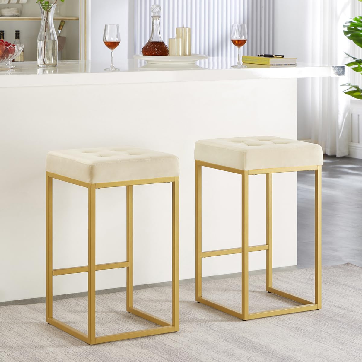 24KF Contemporary Counter Height Bar Stool Set of 2 for Kitchen Island, 26" H Velvet Padded Gold Barstool Bar Chair,5066-Cream