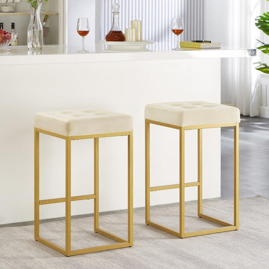 24KF Contemporary Counter Height Bar Stool Set of 2 for Kitchen Island, 26" H Velvet Padded Gold Barstool Bar Chair,5066-Cream