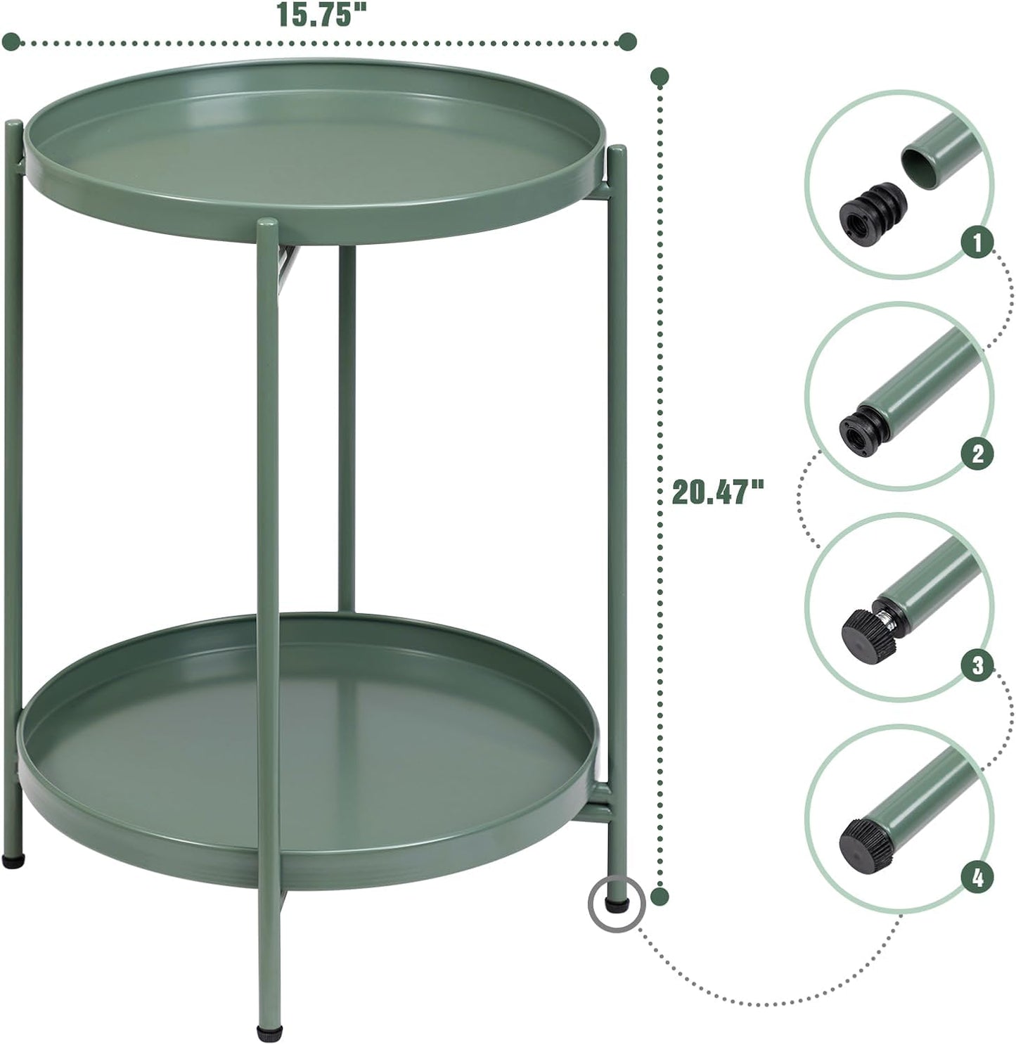 HollyHOME 2-Tier Round Side Table, Outdoor Small Folding Accent Stand with Removable Tray, Anti-Rust Metal Asional Table for Balcony Patio Living Room, Nightstand for Bedroom(Matcha Green)