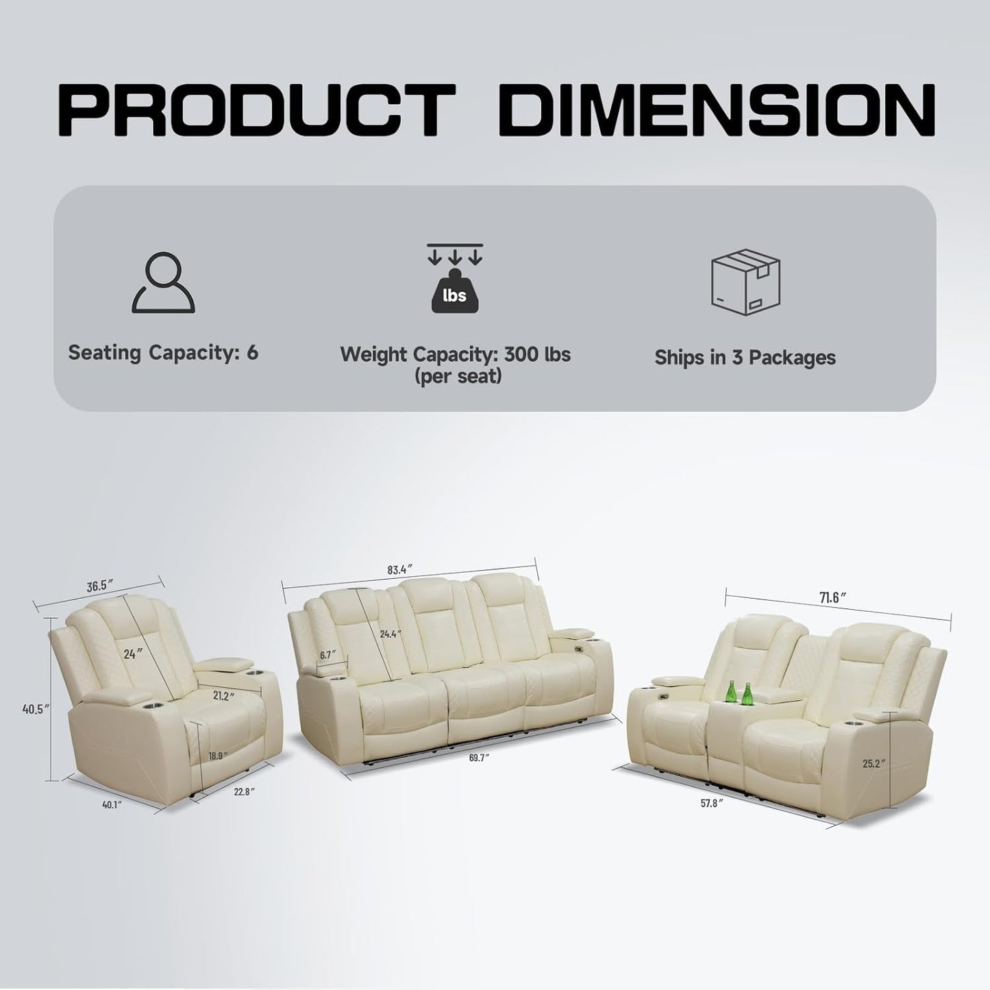 3+2+1 PU Leather Power Sectional Sofa Set, Living Room Furniture, Reclining Couch, Loveseat, Chair with LED Light/USB Ports/Storage Armrests/Center Console/Cup Holders/Wireless Chargers/Coffee Table